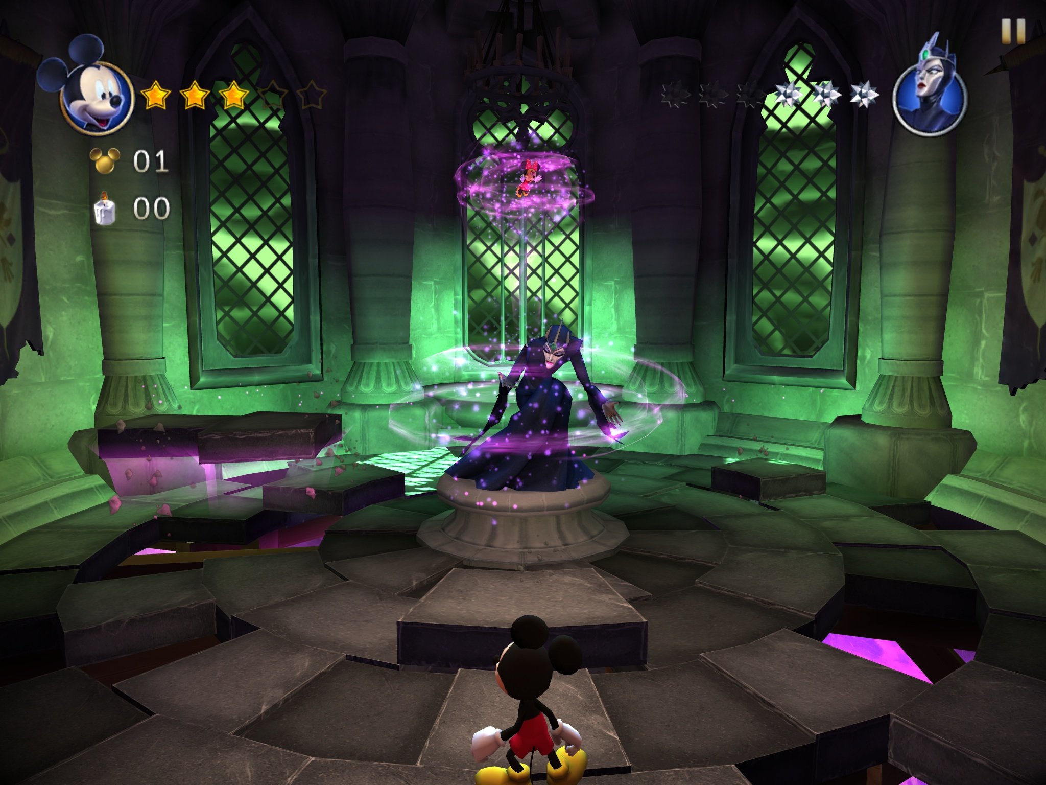 Castle of Illusion tips, tricks, and cheats: Defeating Mizrabel: Alternating platforms