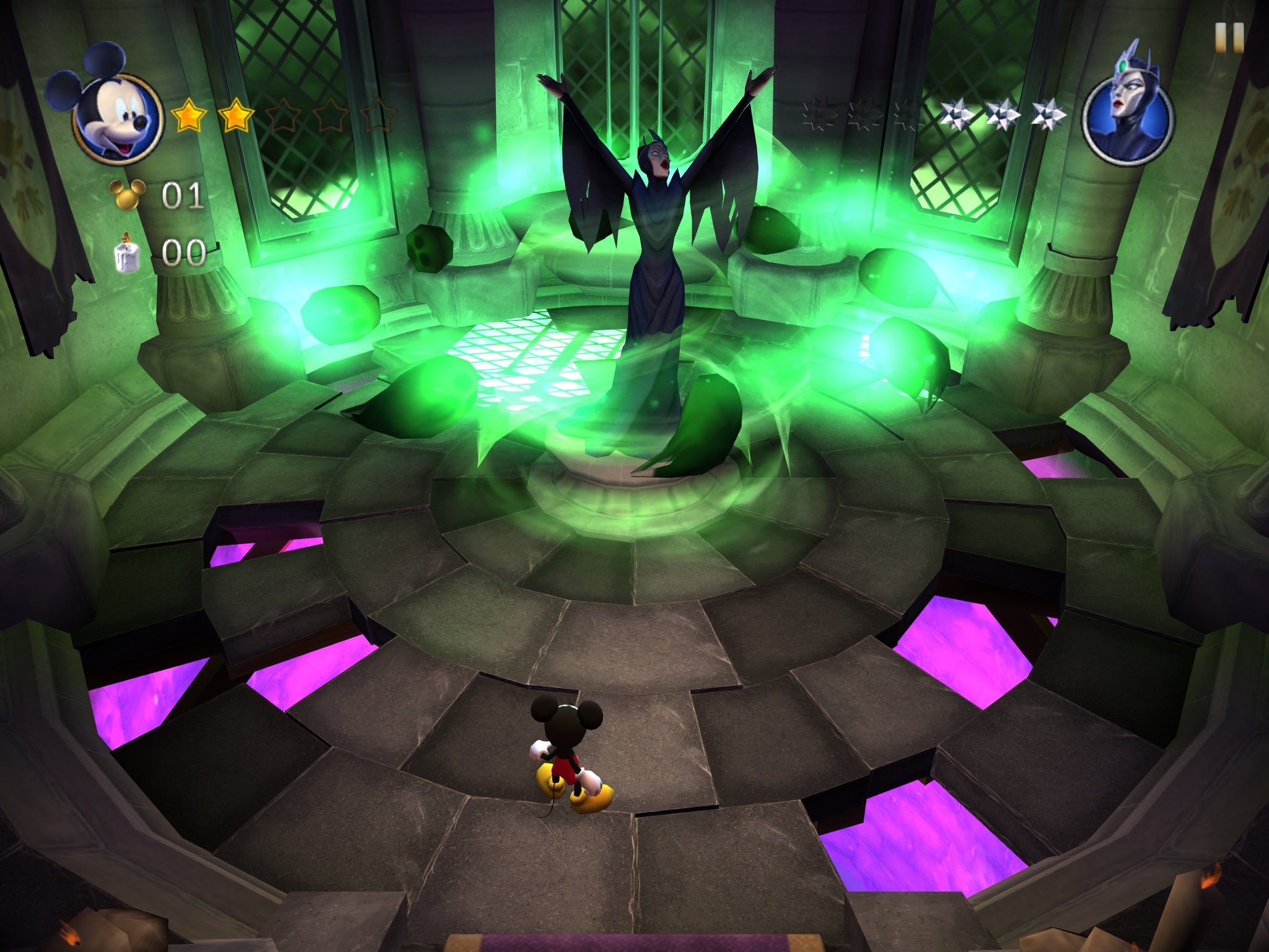 Castle of Illusion tips, tricks, and cheats: Defeating Mizrabel: Short and low jumps are best, most of the time