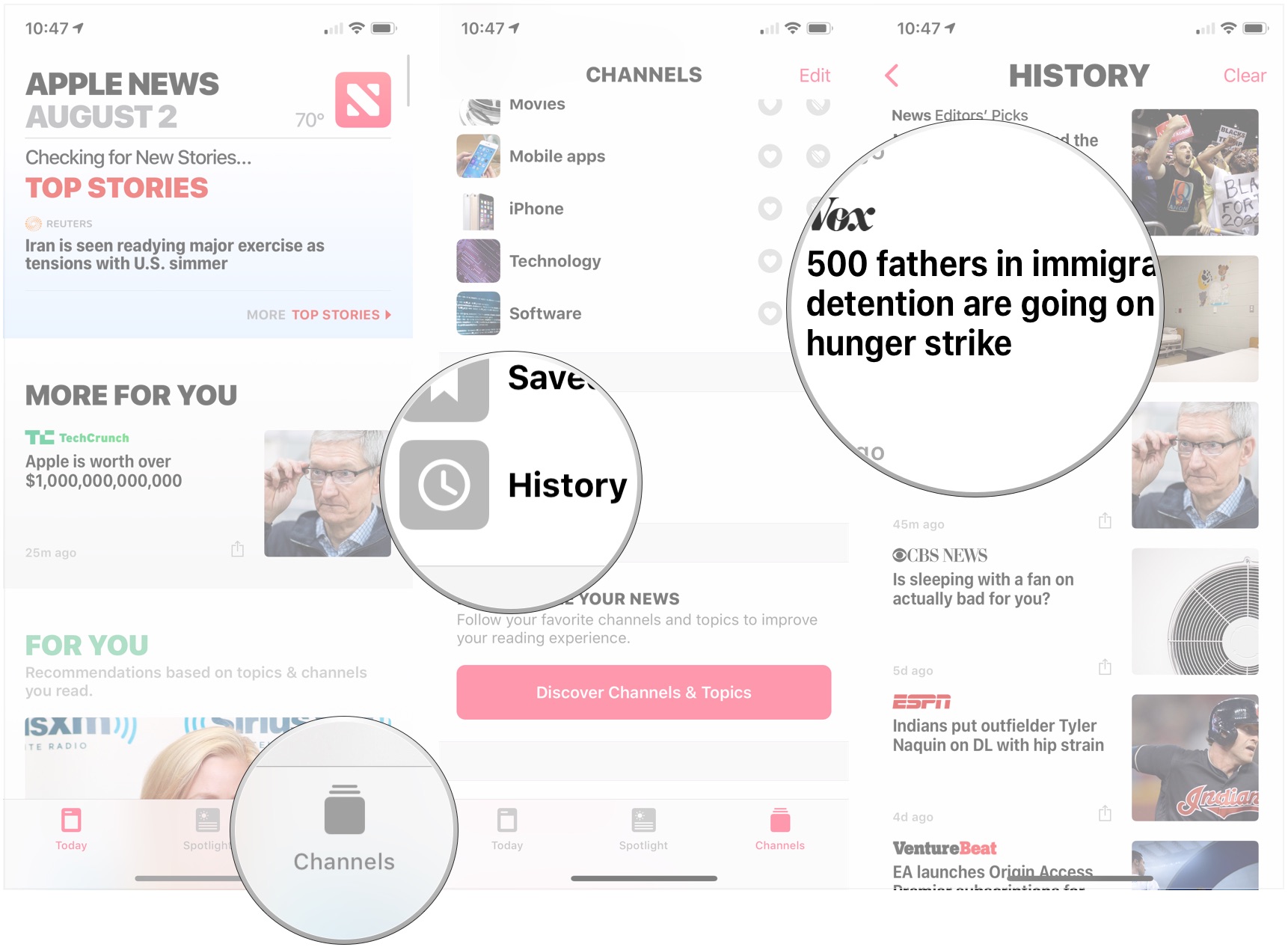 Tap Channels, tap History, tap story