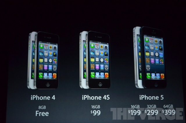 iPhone 5 available in 16, 32, and 64 GB capacities starting at 99, iPhone 4 & 4S prices dropped