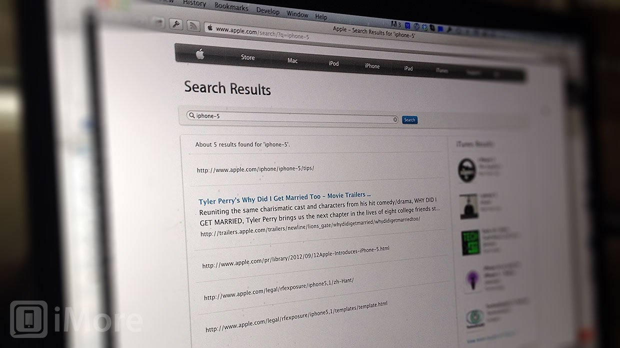Apple.com returning search results for iPhone 5, including press release URL