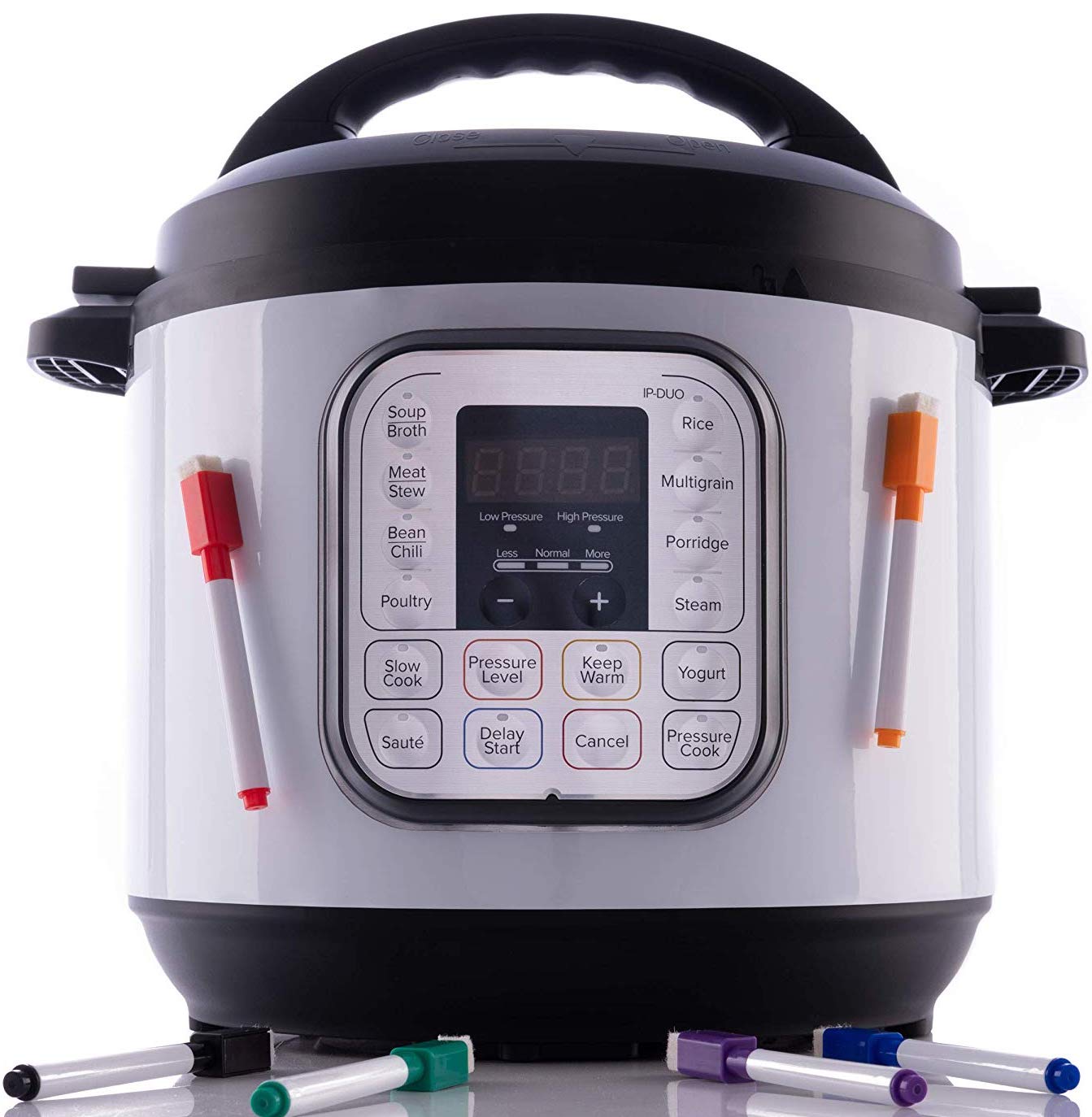 Instant Pot covered in a magnetic whiteboard cover with magnetic dry erase markers