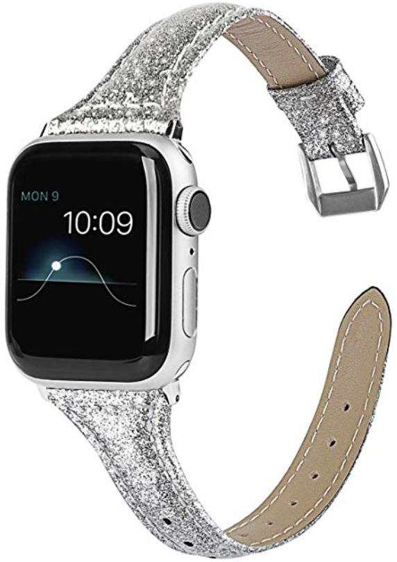 Wearlizer Silver Thin Glitter Leather Compatible with Apple Watch Band