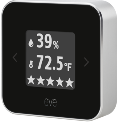 Датчик Eve Room 2, отображающий на экране измерения влажности, температуры и качества воздуха