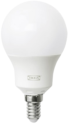 Ikea e12 round light bulb on a white background