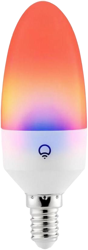 LIFX Candle e12 light bulb illuminated with multiple colors on a white background