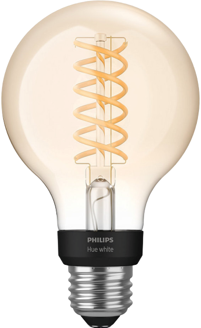 Philips Hue round filament light bulb on a white background