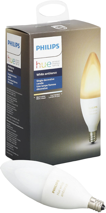 Philips Hue e12 white light bulb in front of packaging on a white background
