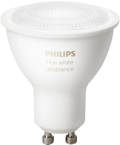 Philips Hue White Ambiance gu10 light bulb on a white background