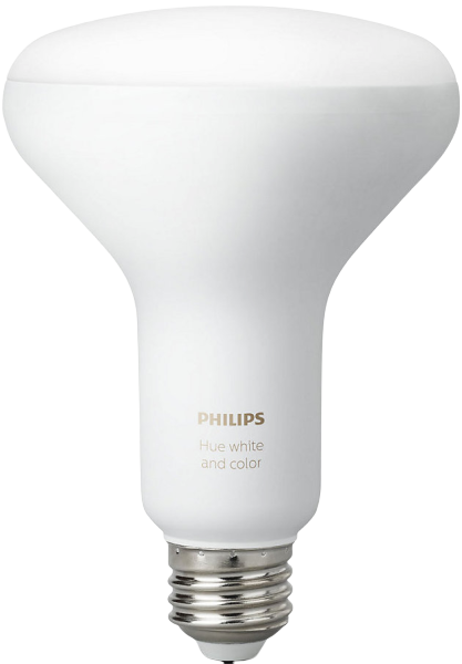 Philips Hue White and Color Ambiance BR30 light bulb on a white background