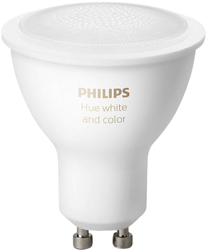 Philips Hue White and Color Ambiance gu10 light bulb on a white background