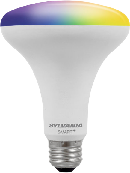 Sylvania Smart+ BR30 light bulb shining multiple colors on a white background