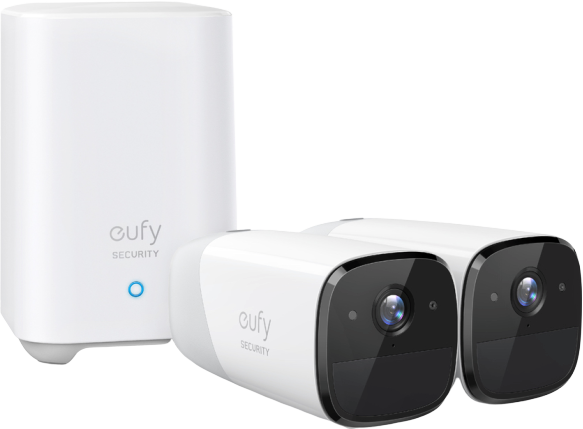 eufycam 2 camera system with home base and 2 wireless cameras in white
