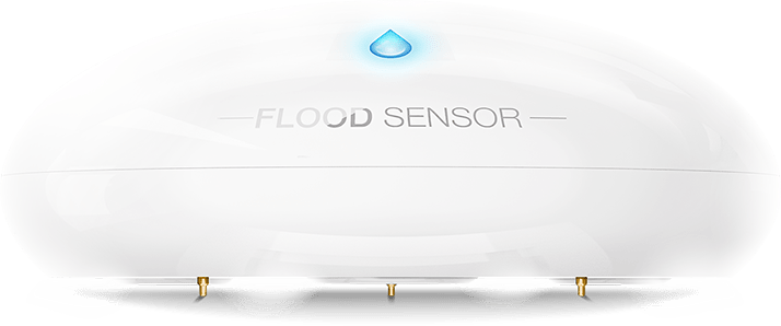 Fibaro Flood Sensor with blue LED indicator light on a white background