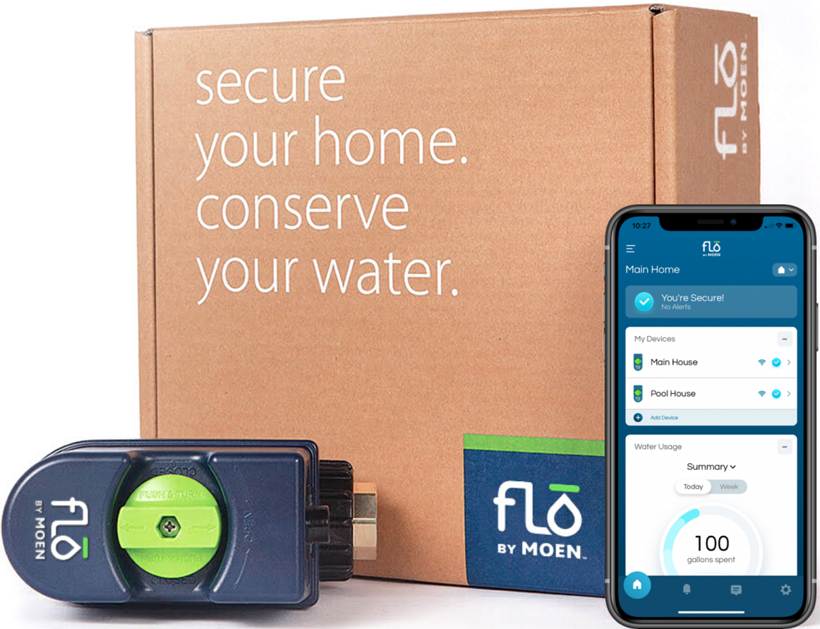 Flo by Moen Smart Water Shutoff next to an iPhone with the associated app