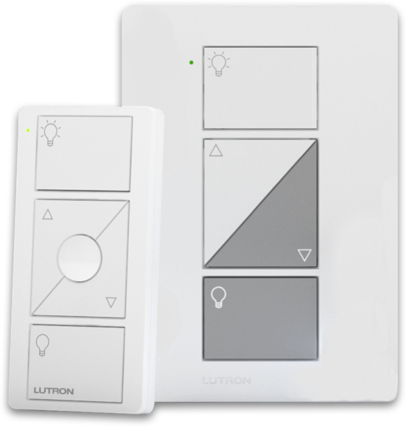 Lutron Caseta Wireless Plug-In Lamp Dimmer with a Pico remote on a white background