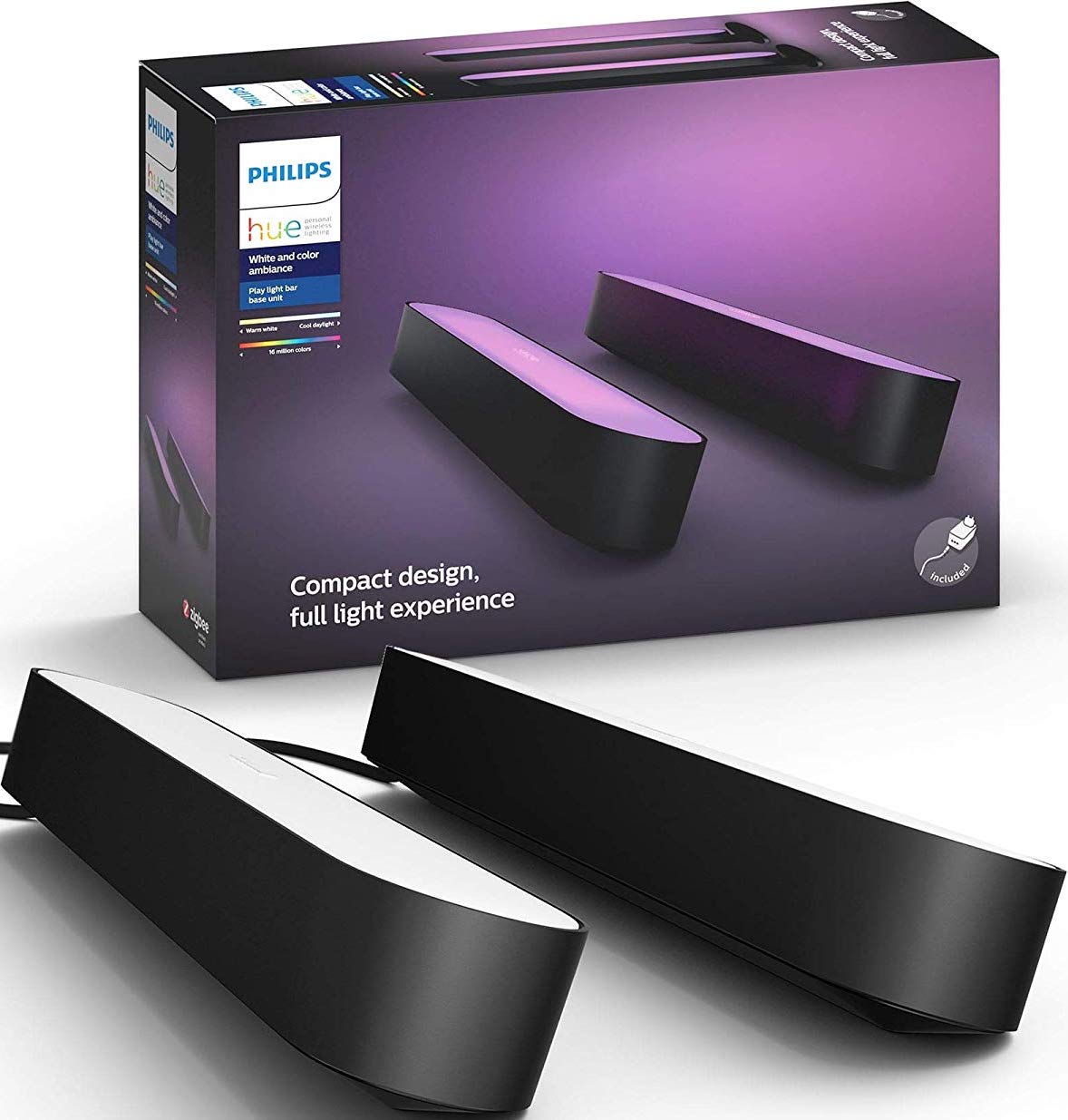 Philips Hue Play Bar in black next to product packaging