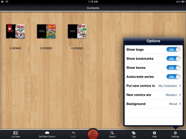 Comic Zeal for iPad grid view with settings