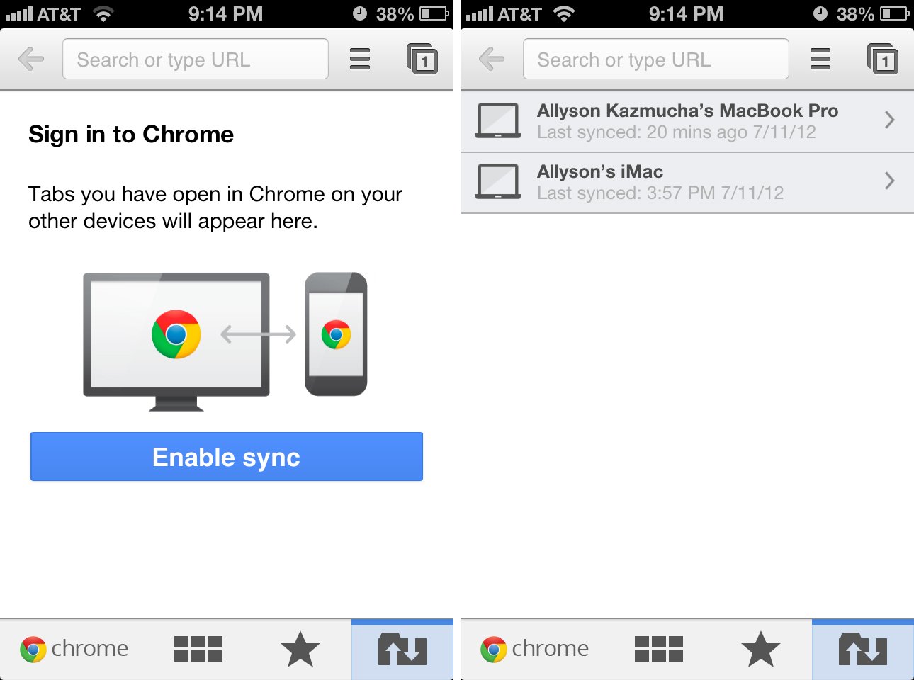 Chrome for iPhone syncing