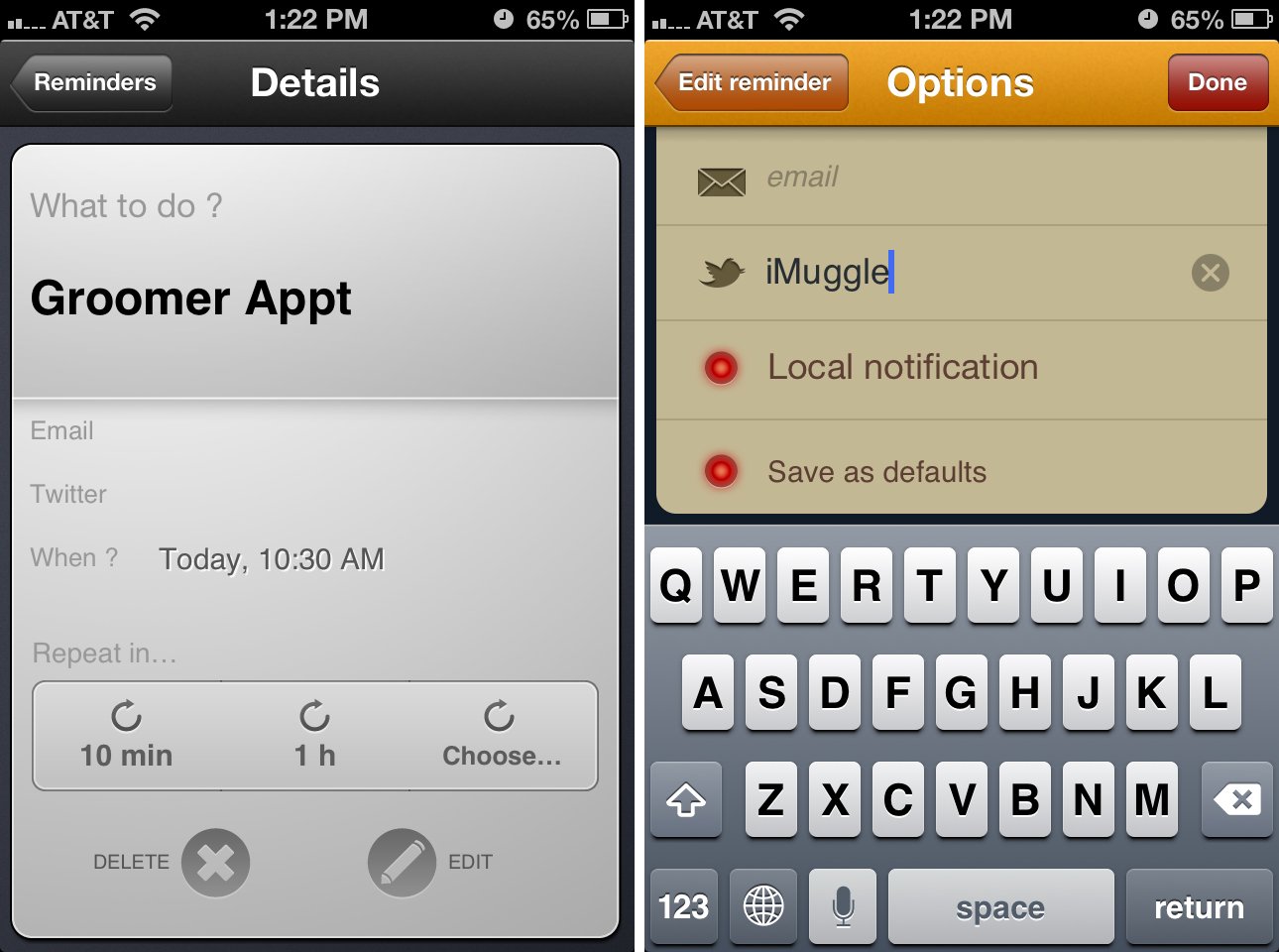 TellMeLater for iPhone recurring reminders and customization