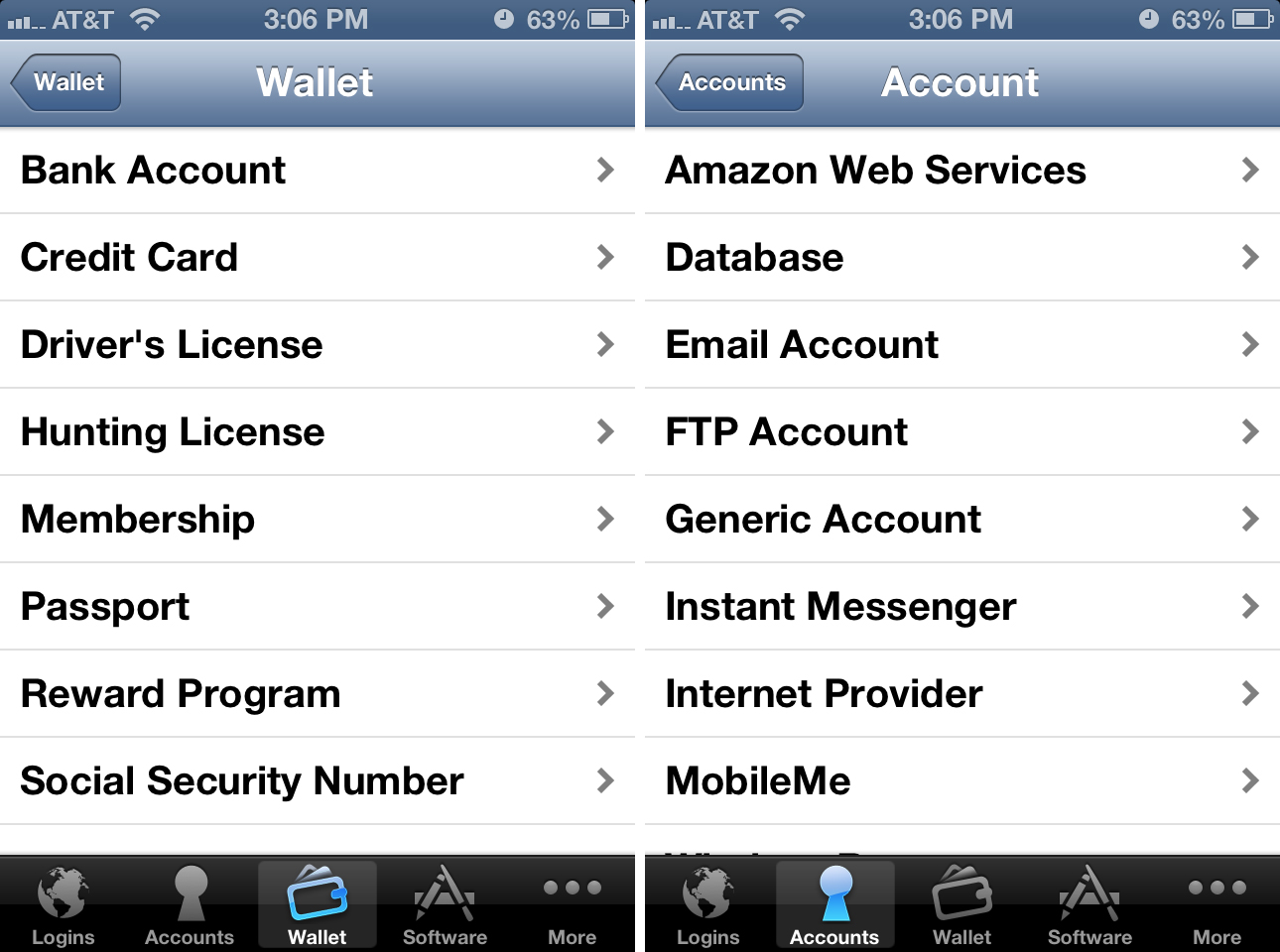 1Password for iPhone accounts logins