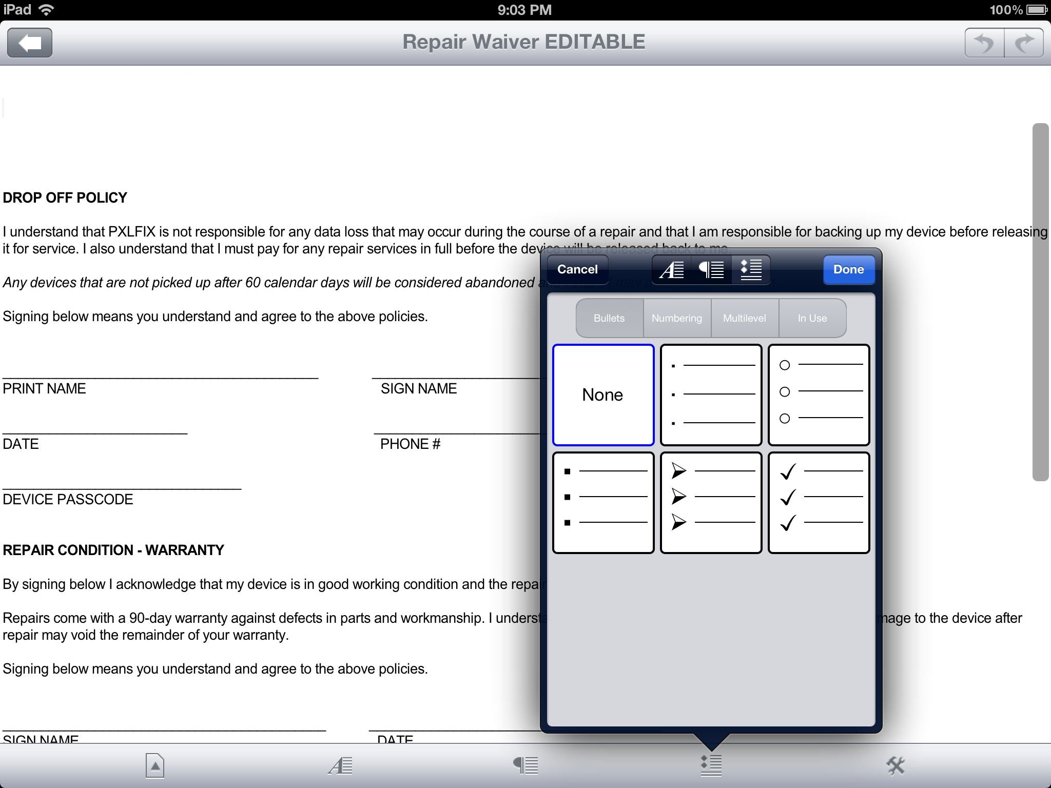 docs to go on iPad editing word documents
