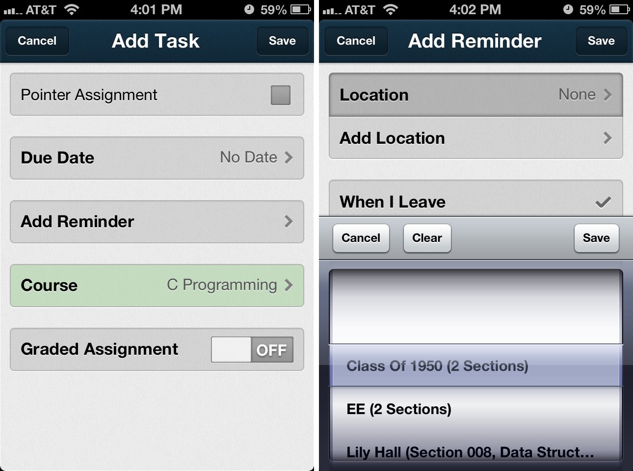 Erudio for iPhone adding assignments and tasks