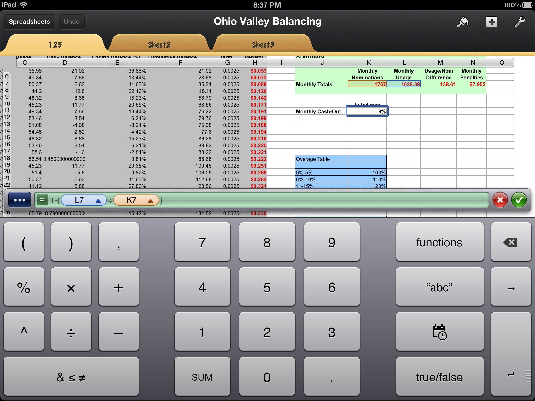 Numbers formula bar on iPad