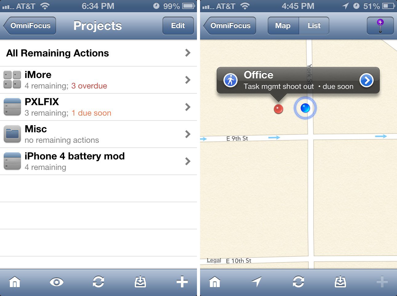 OmniFocus for iPhone maps and project view 