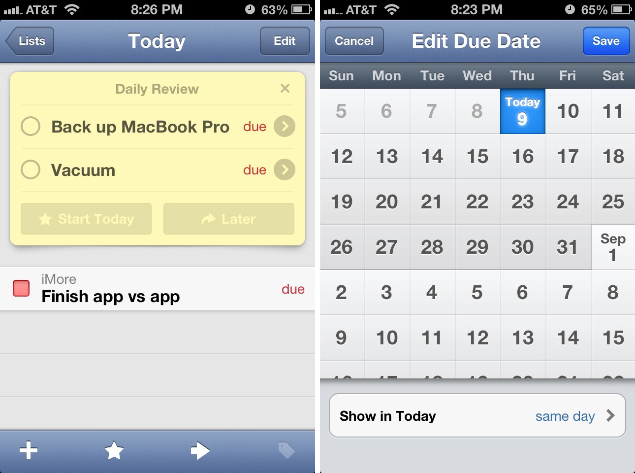 Things for iPhone daily review and due date screens