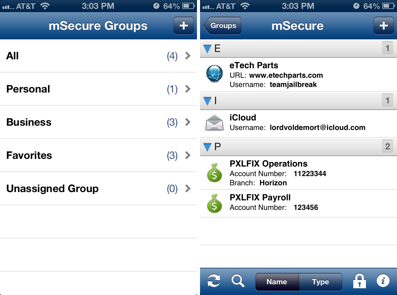 mSecure for iPhone user interface
