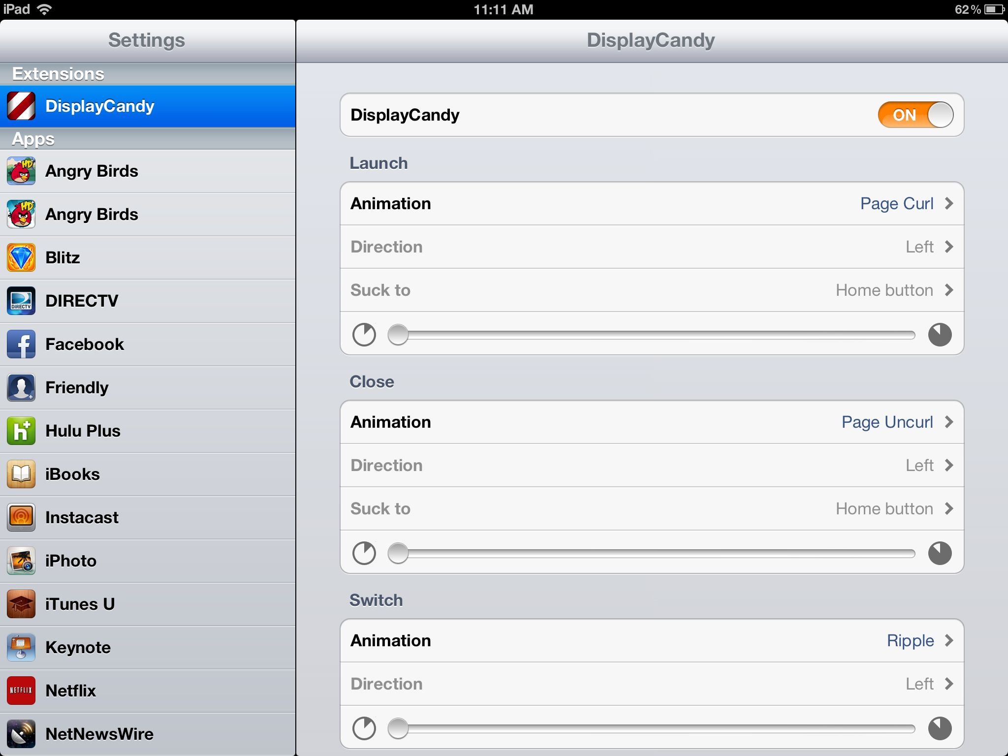 DisplayCandy settings on iPad