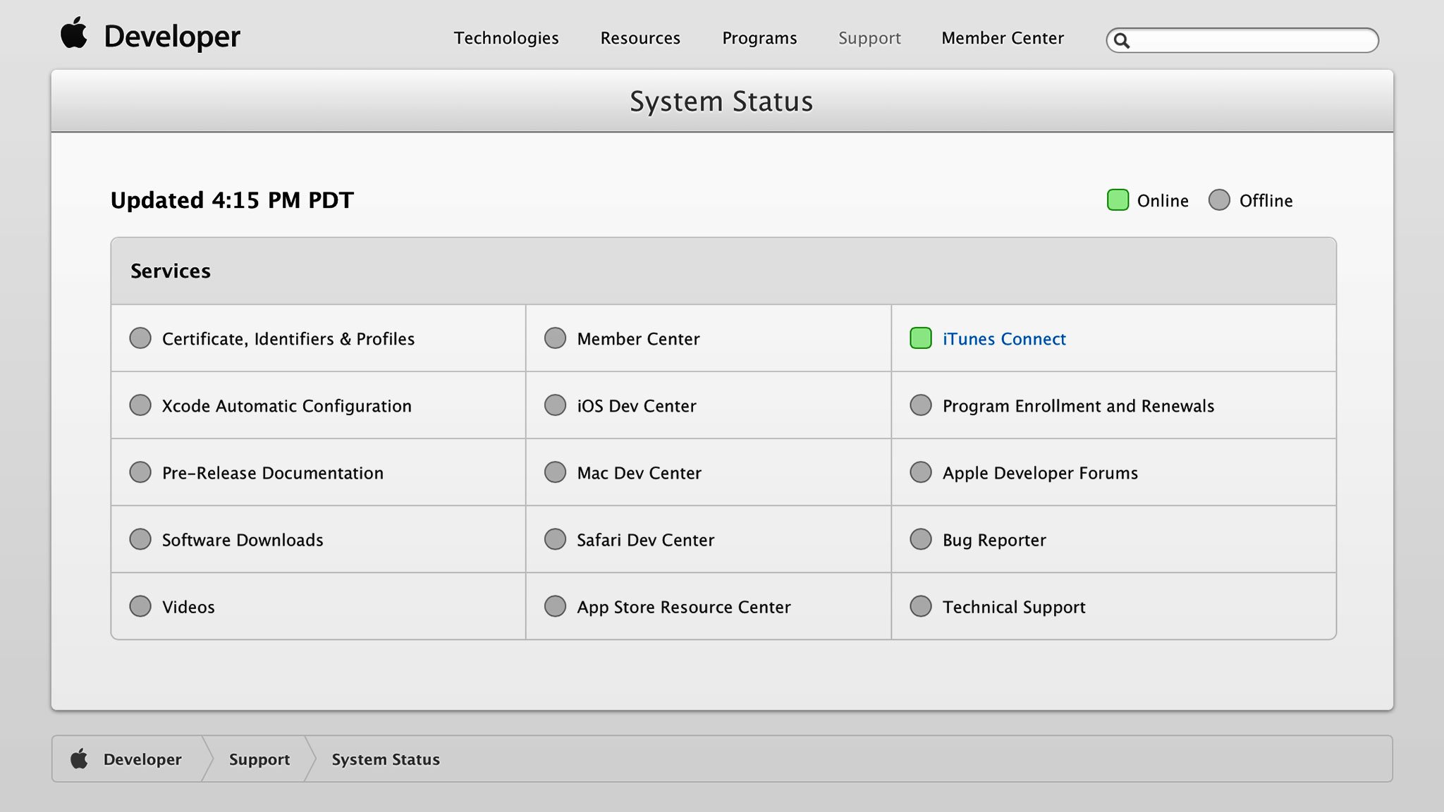 Apple updates Developer Portal status, adds system status page