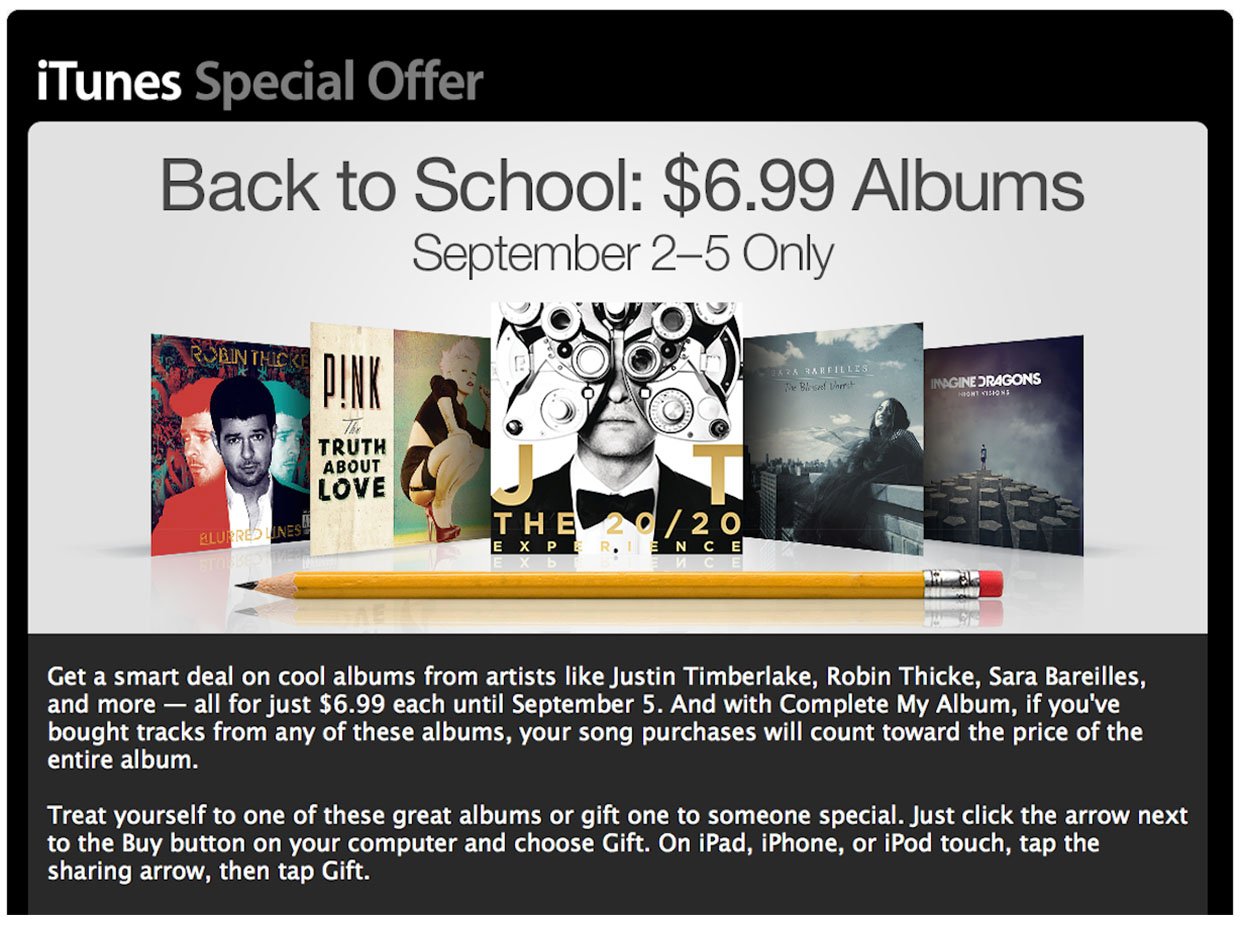 Apple celebrates back to school with $6.99 albums: Justin Timberlake, Robin Thicke, more 