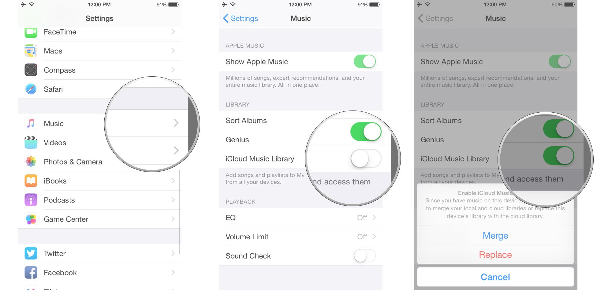 Open Settings, then tap Music, then tap iCloud Music Library