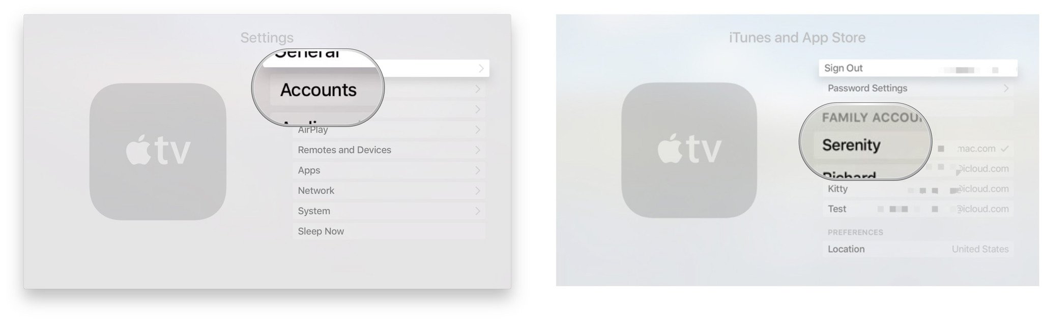 To switch between multiple accounts on Apple TV, launch Settings on your Home Screen, click Accounts, then iTunes and App Store. Click on the account to use. 