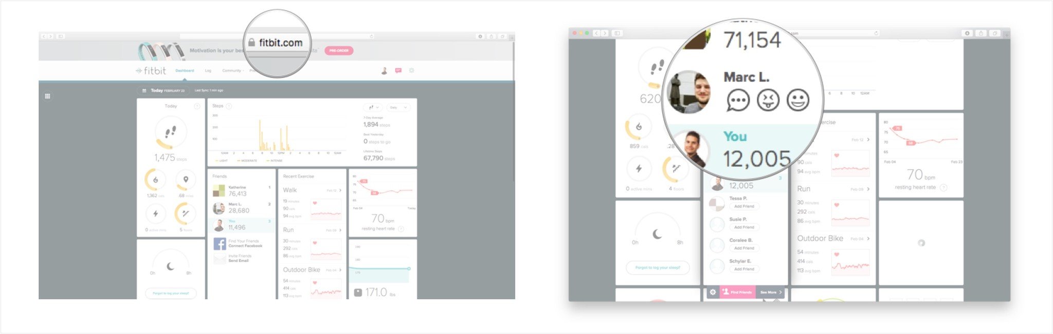 Launch the Fitbit dashboard online and hover your cursor under a friend&#39;s name.