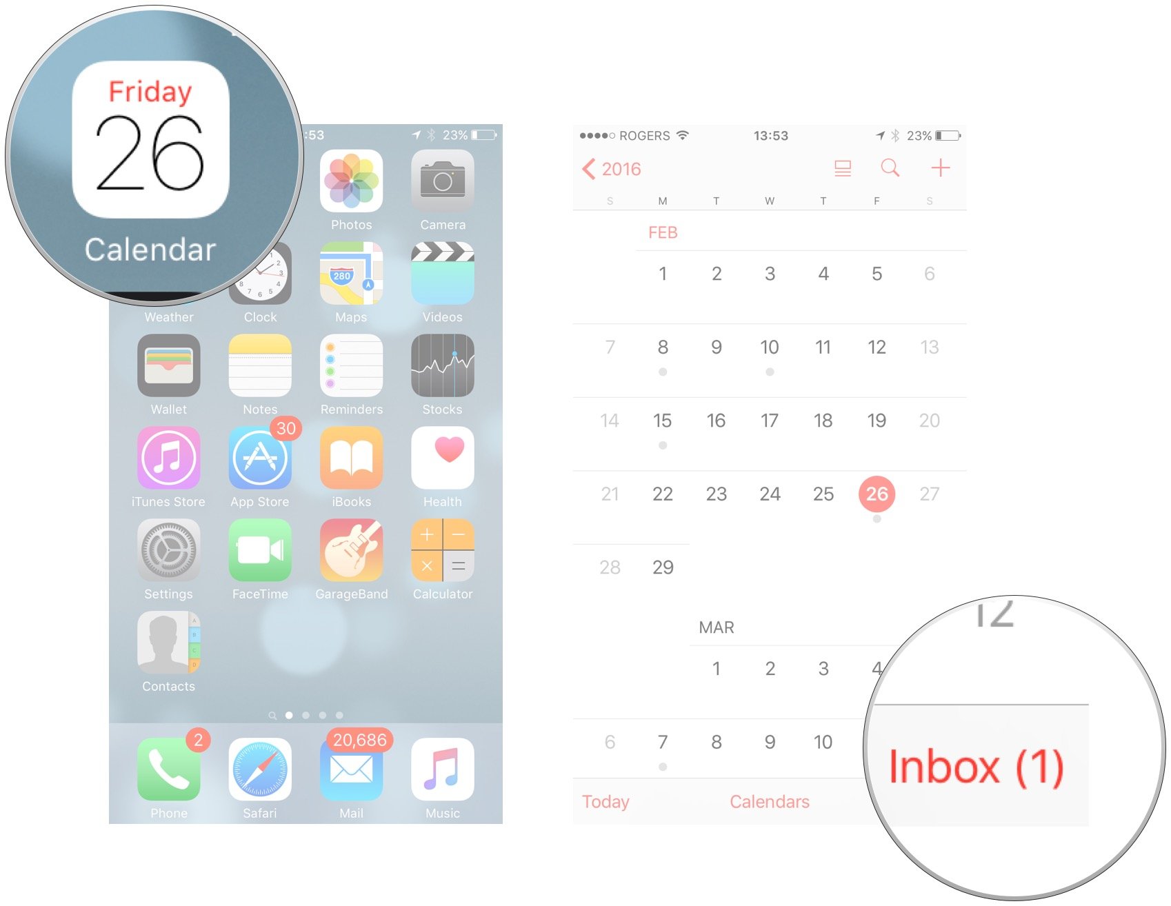 Gérez tous les événements de calendrier partagés dans Calendrier sur iPhone et iPad en affichant : Ouvrez l'application de calendrier la boîte de réception tactile