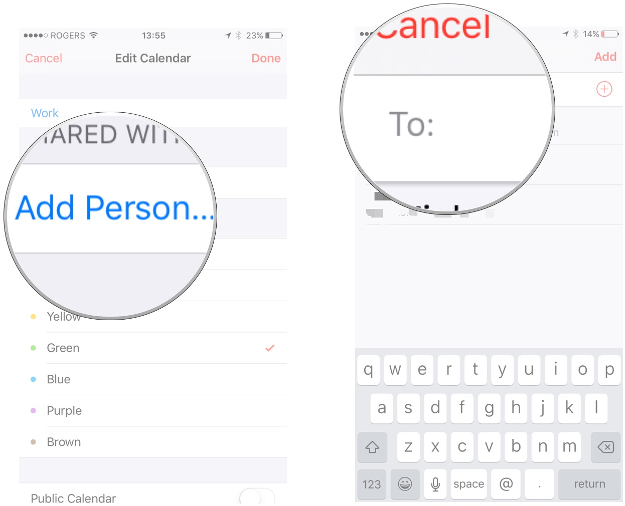 Share an iCloud calendar on iPhone and iPad by showing: Tap add person then type the person&#39;s name that you want to invite