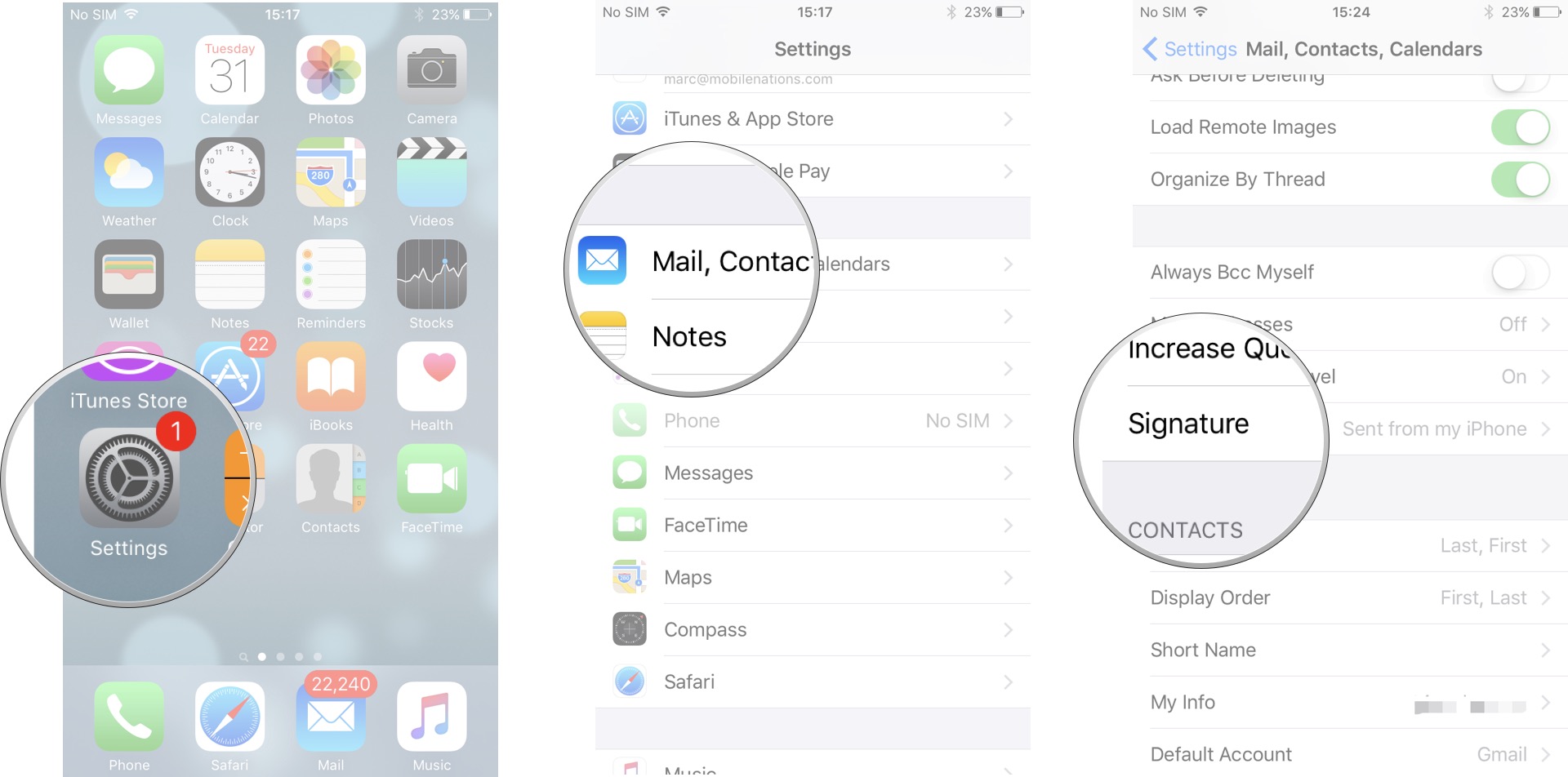 Launch Settings, Tap Mail, Contacts, Calendars, Tap Signature