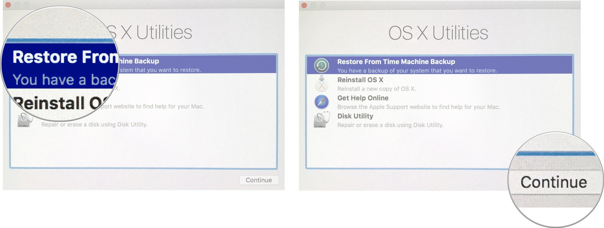 Restoring settings on Mac showing the steps for Selecting restore from backup from the OS X Utilities Selector