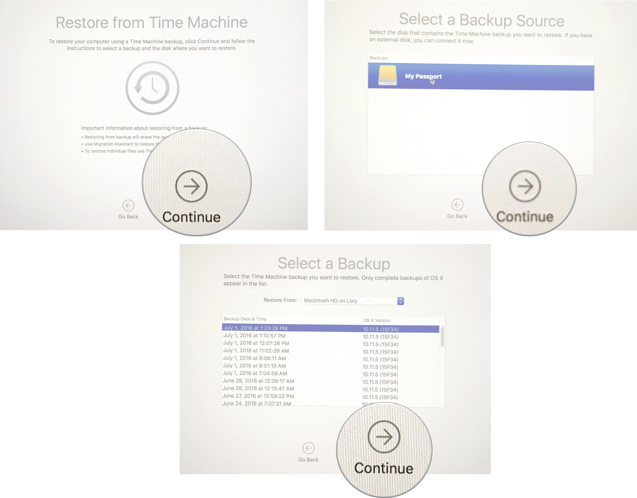 Restoring settings on Mac showing the steps for restore from backup on Mac