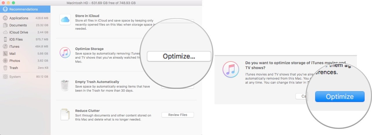 To use Optimize Storage, click on Optimize in the Optimize Storage section. Then click Optimize again to set.