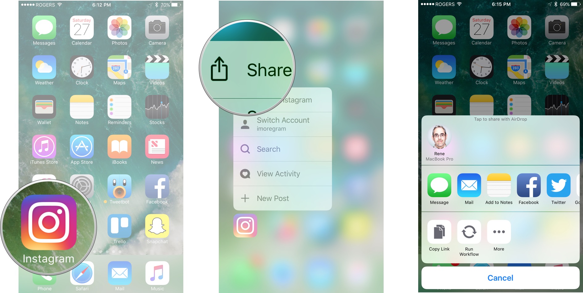 How to see Haptic Touch actions, showing how to long-press on an icon, tap the share action, then see you sharing options