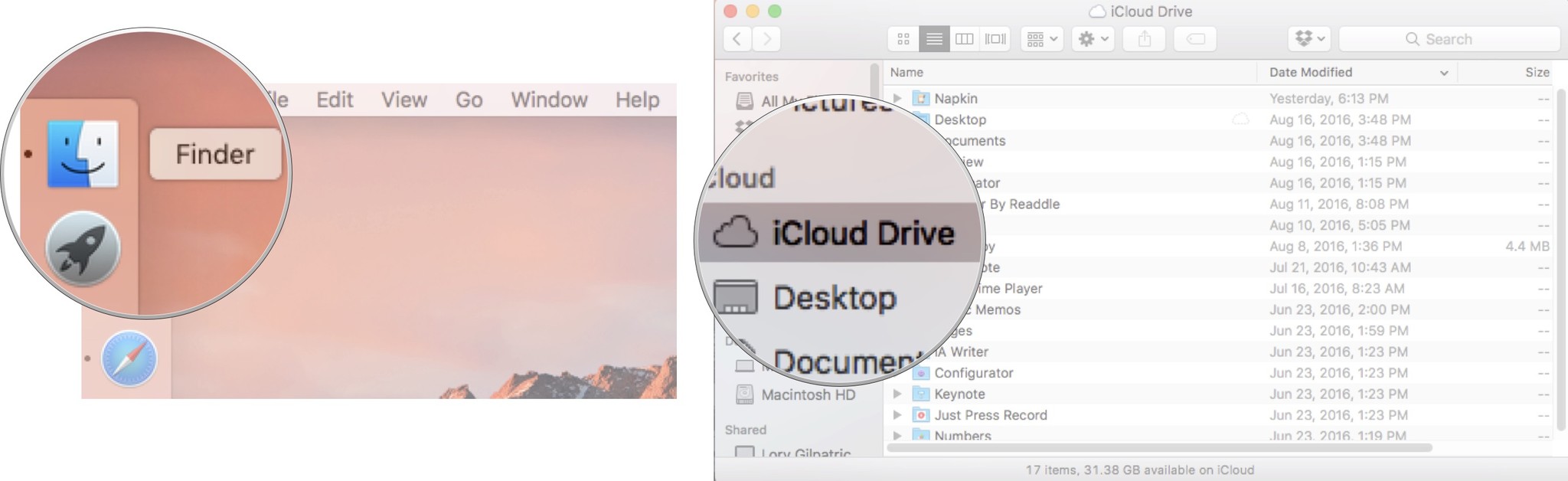 How to manually create a folder on Mac: Click Finder icon, Click iCloud Drive.