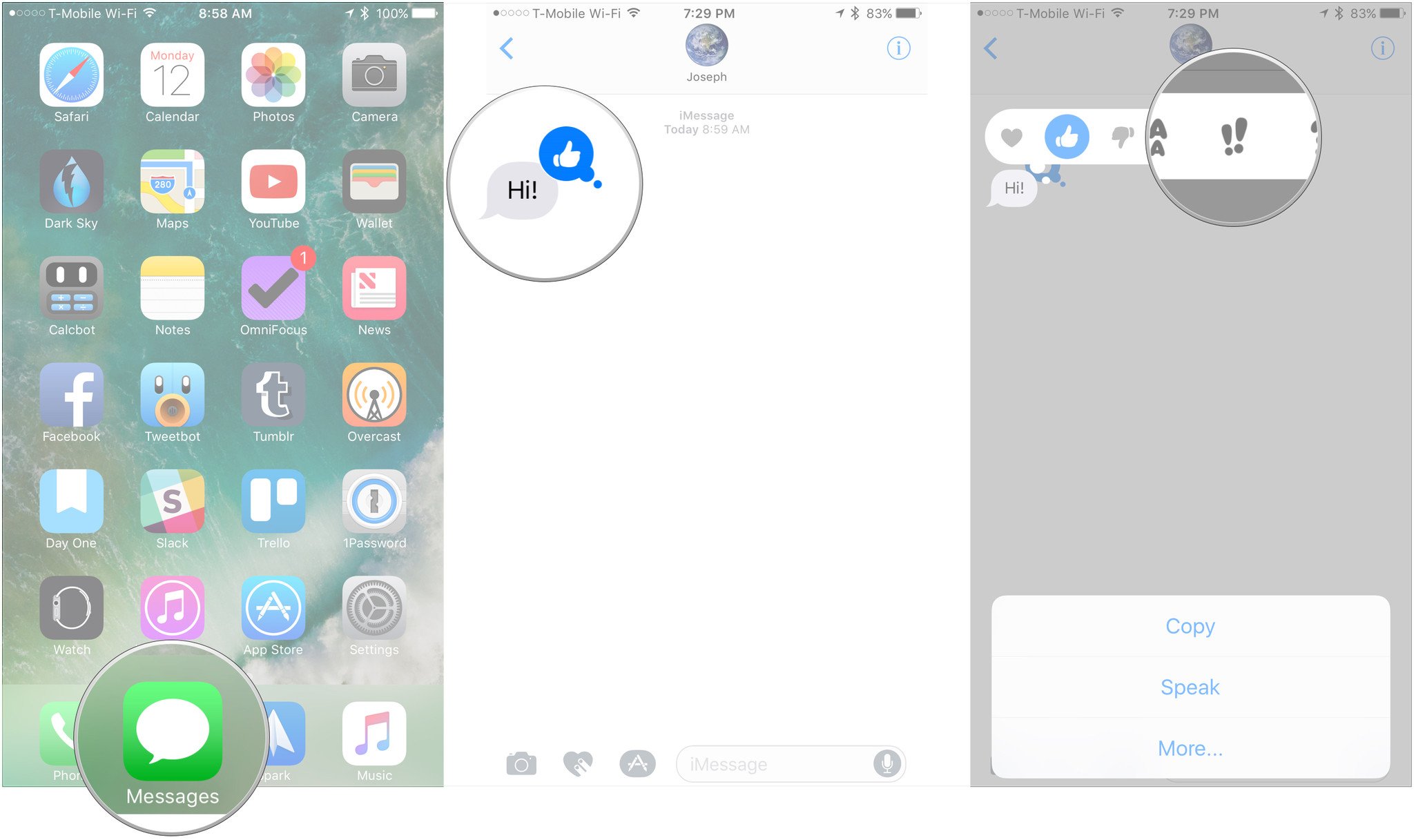 How to change Tapbacks in Messages showing how to tap and hold on a message to which you've attached a Tapback, then tap the new Tapback you want to use