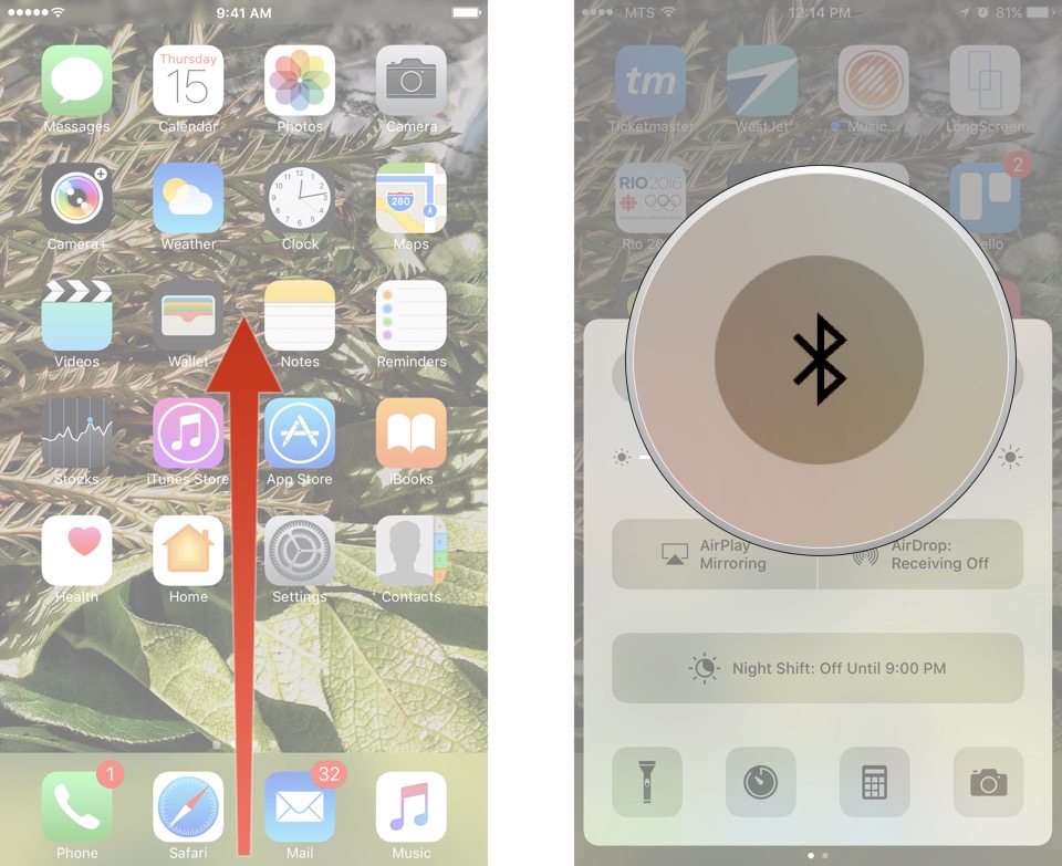 Swpe up from the bottom of your screen to pull up Control Center, and then tap the Bluetooth button.
