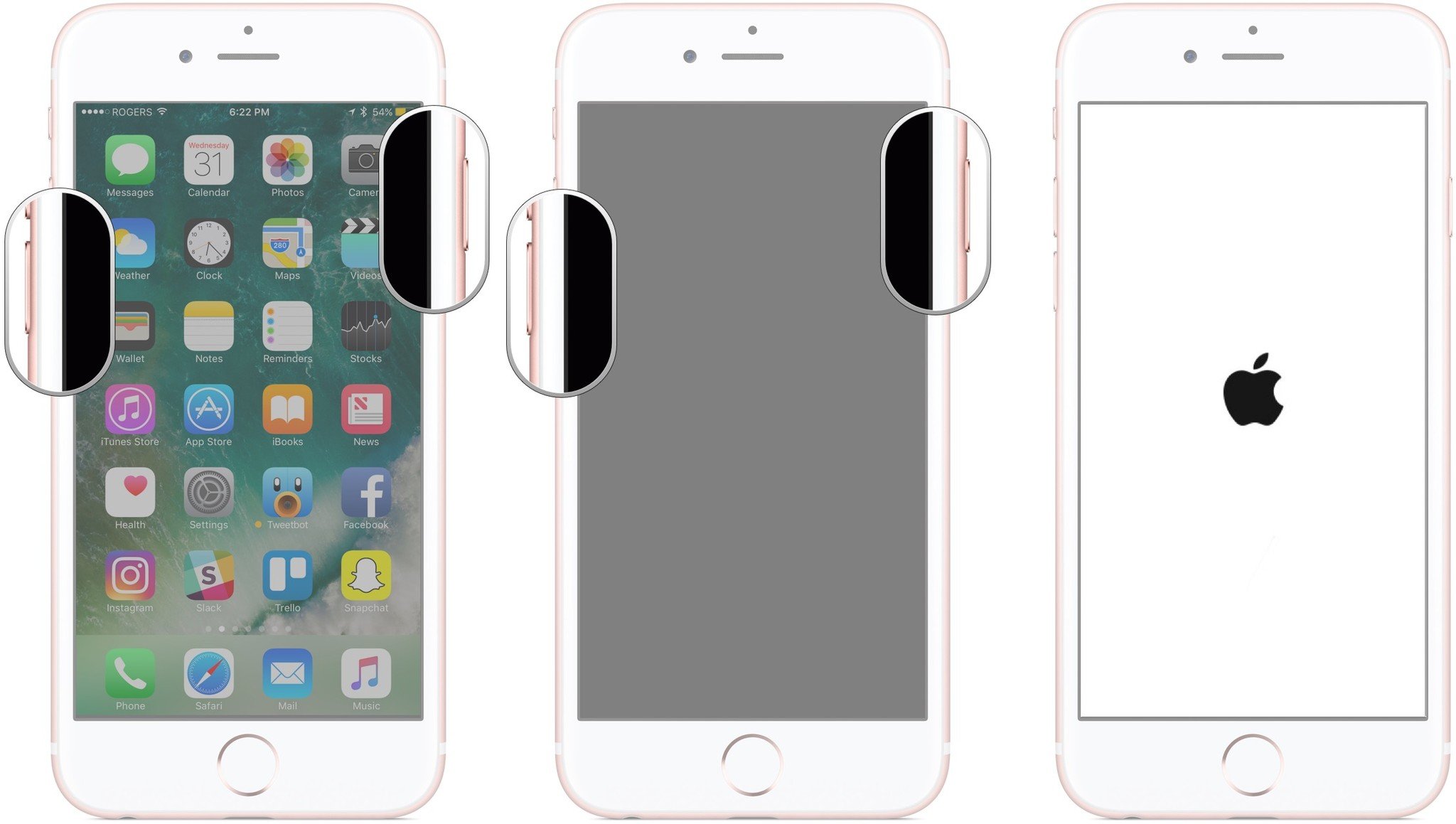Перезагрузка iPhone с инструкциями по перезагрузке iPhone 7 путем нажатия и удерживания кнопок уменьшения громкости и включения / выключения, пока не появится логотип Apple.