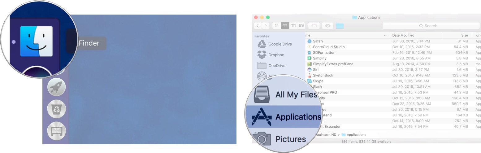 To add apps to the Dock, launch finder, then select Applications from the sidebar