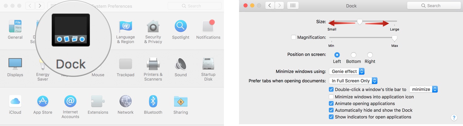 To change the Dock's size on your Mac, click Dock, then drag the size slider to resize